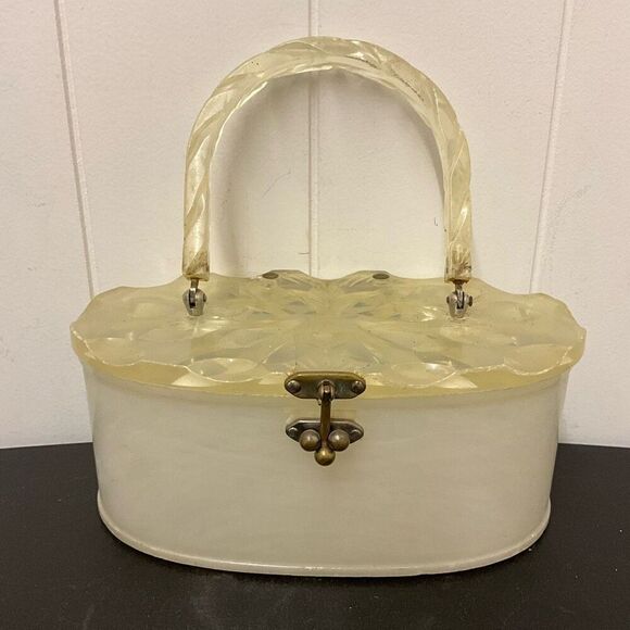 Vintage 1950s Lucite Marbleized Pearl Top Handle Purse Round Box Makeup Containe - Picture 1 of 14